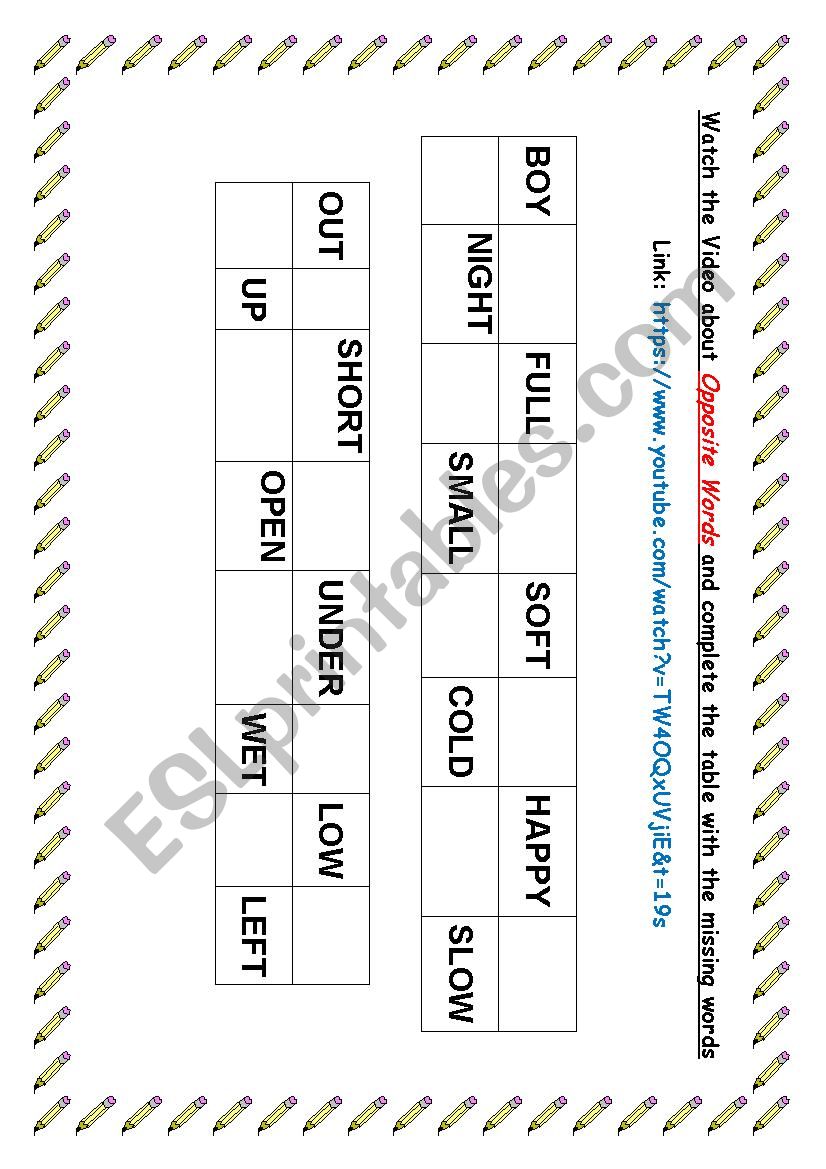 Opposite Song worksheet