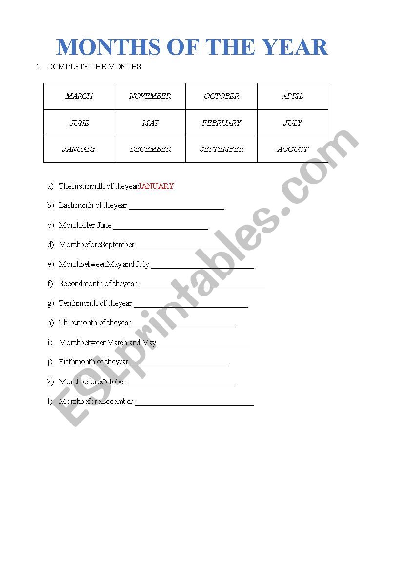 Months of the year worksheet