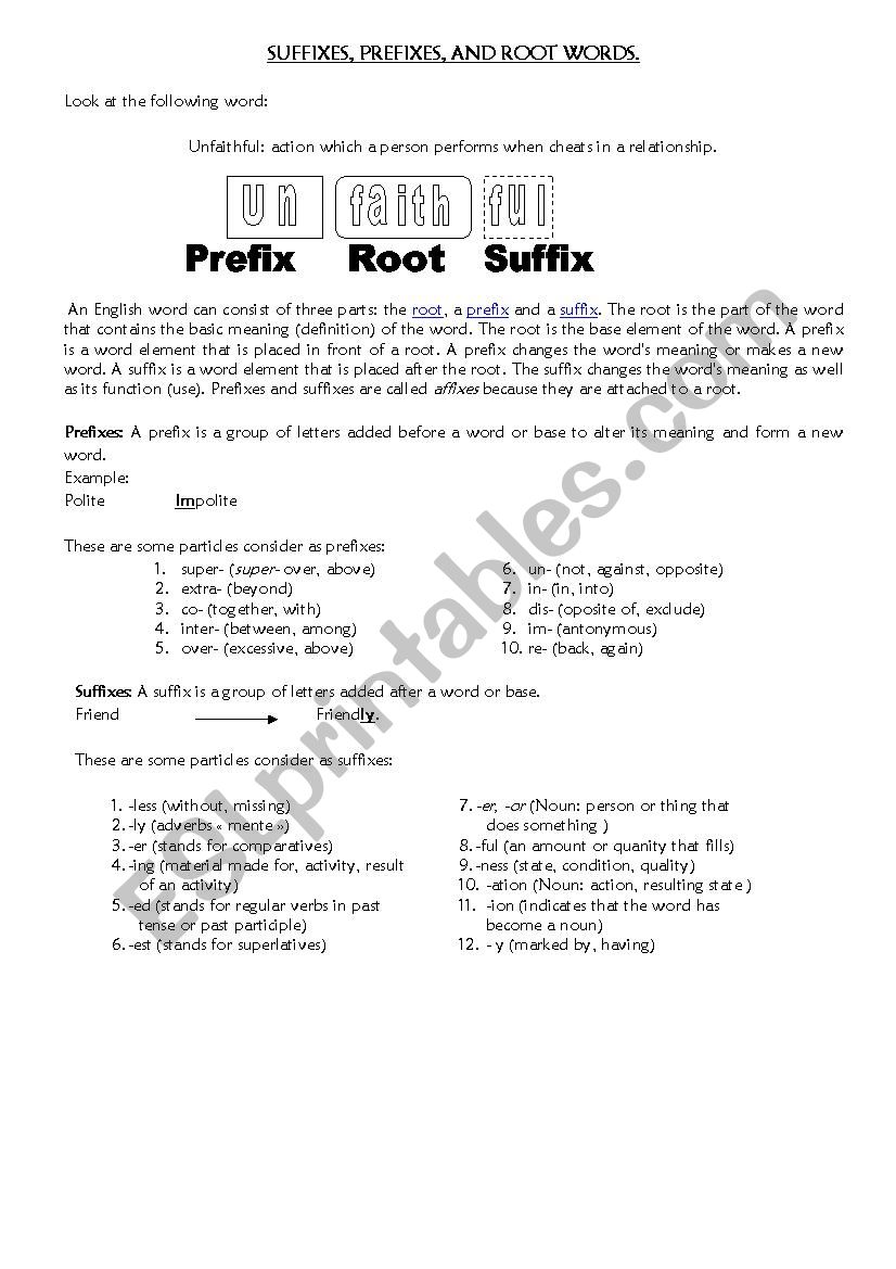 SUFFIXES AND PREFIXES worksheet