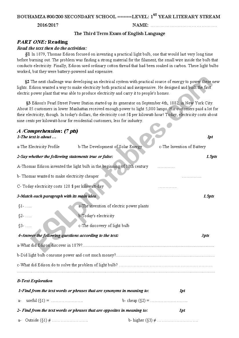 Thomas Edison worksheet