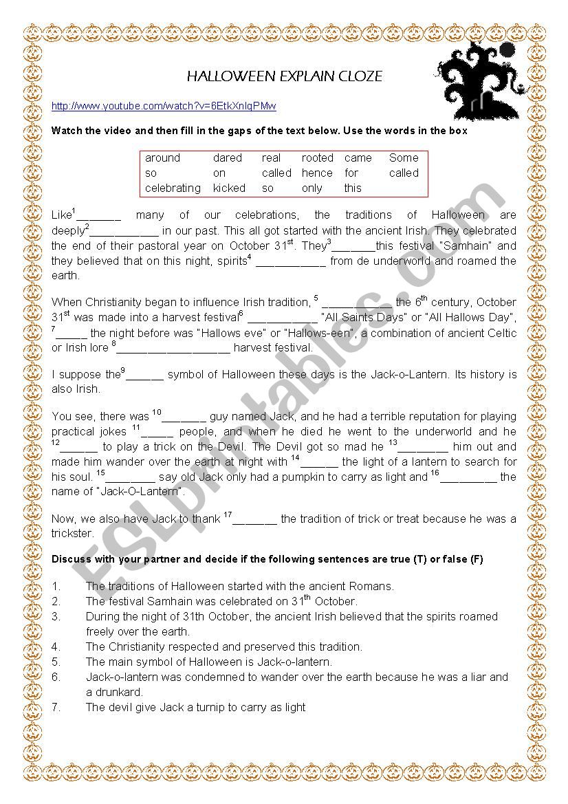 Cloze - Halloween explain worksheet