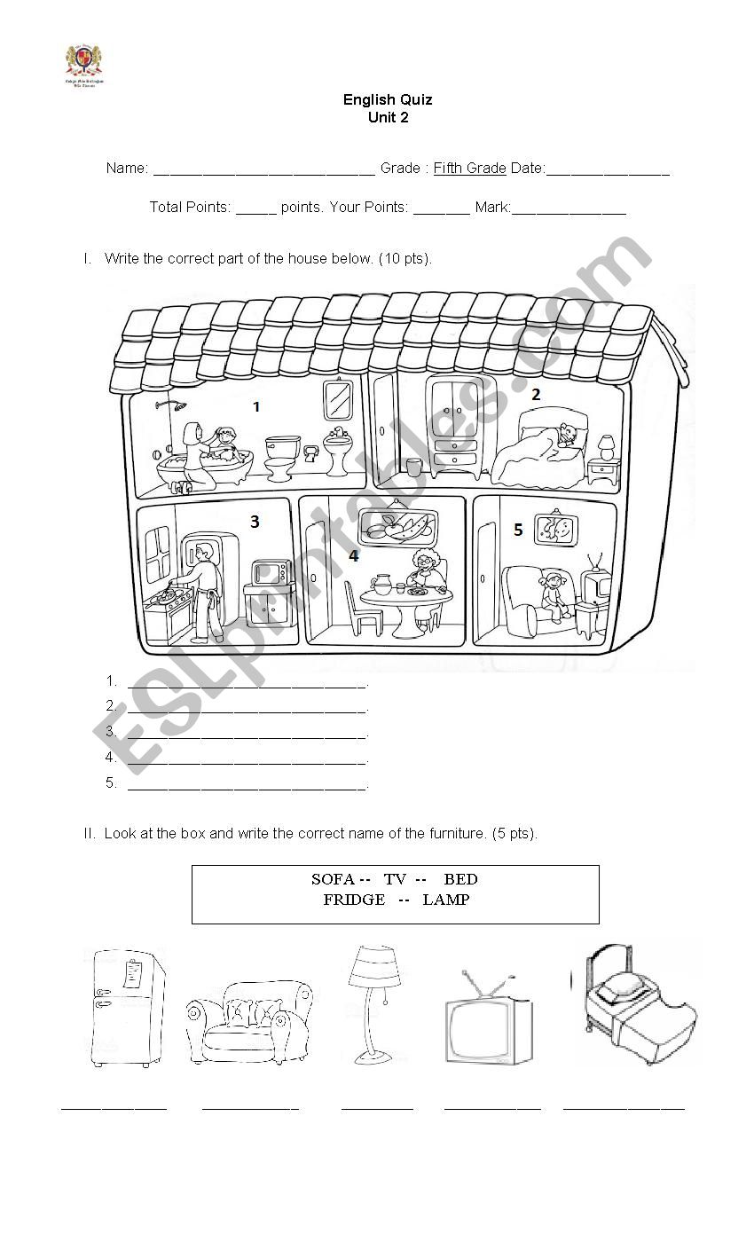 part of the house, furniture worksheet