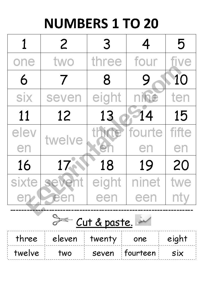 Numbers 1 to 20 - cut & paste worksheet