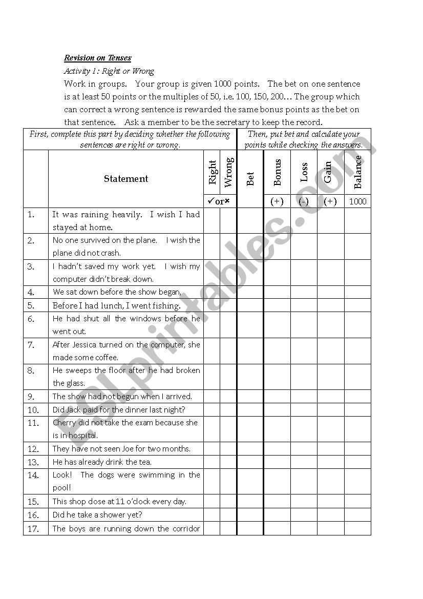 A Revision Game On TENSES worksheet