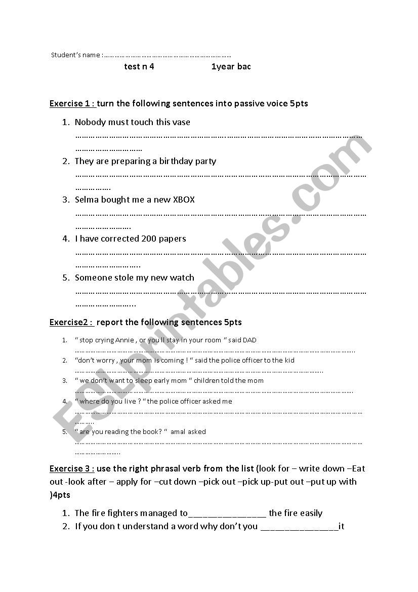 test for 1st year bac  worksheet