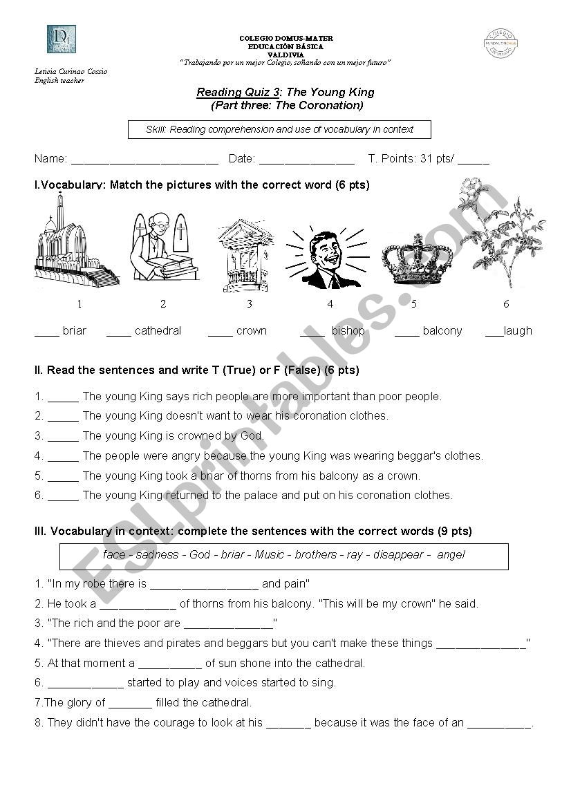 Reading Quiz The Young King Part 3 