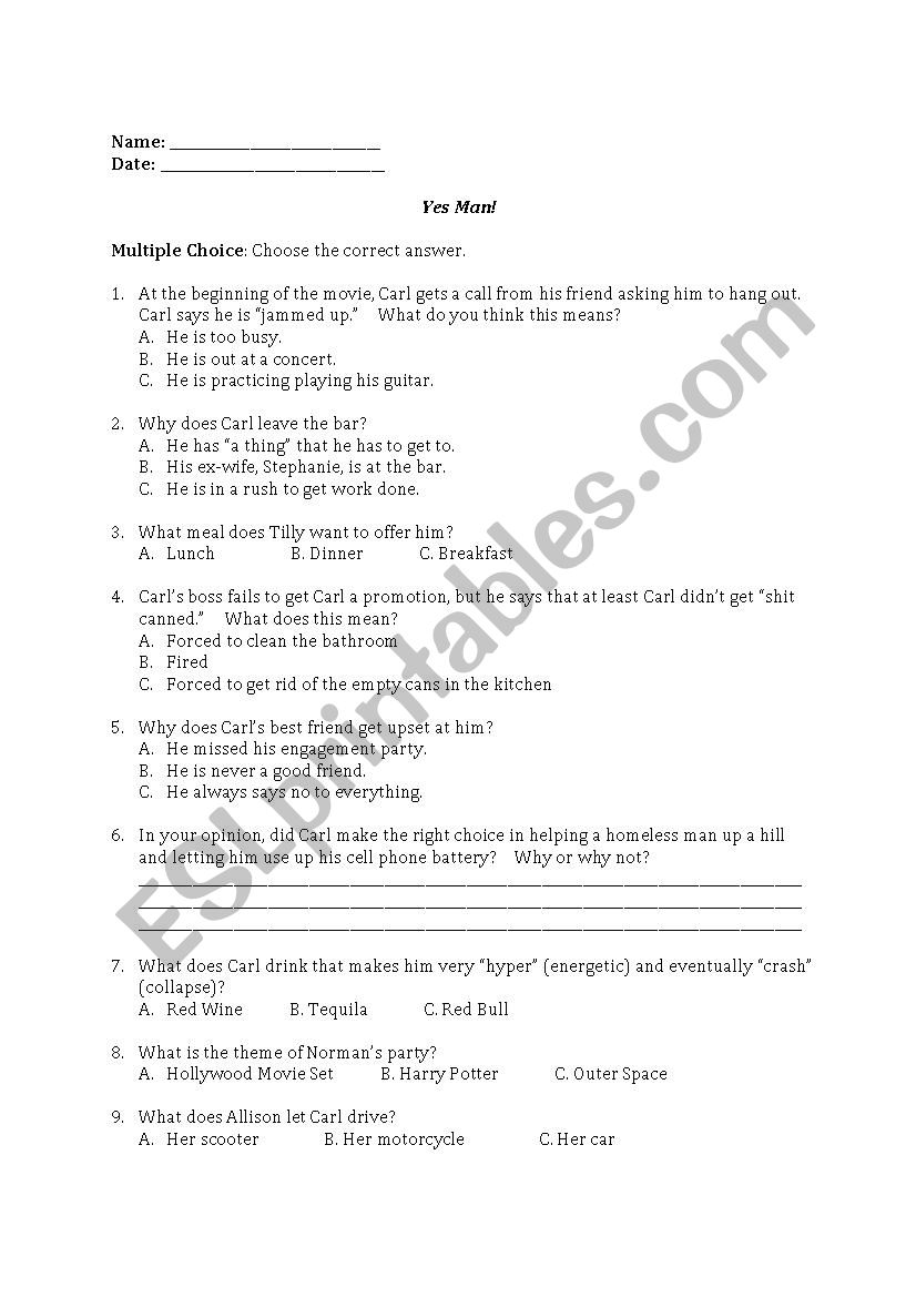 Yes Man! Movie Worksheet worksheet