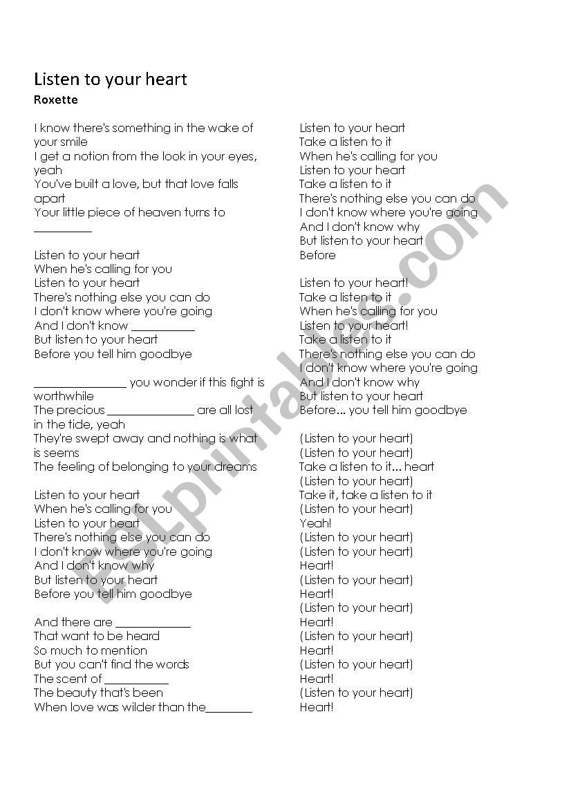 Listen to Your heart worksheet