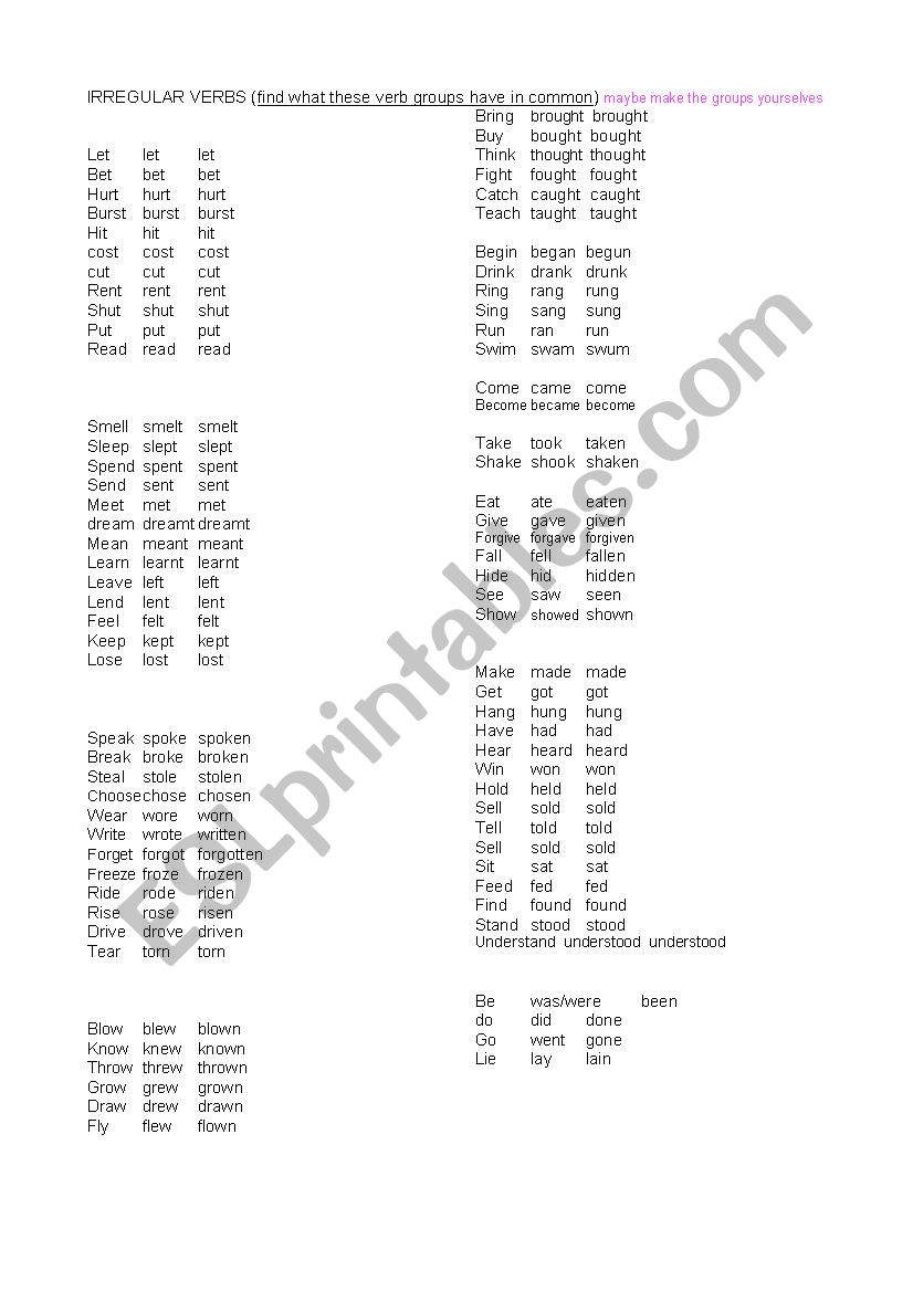 Irregular verbs easy to learn worksheet