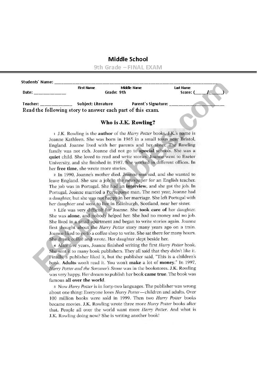 9th Literature Exam  worksheet