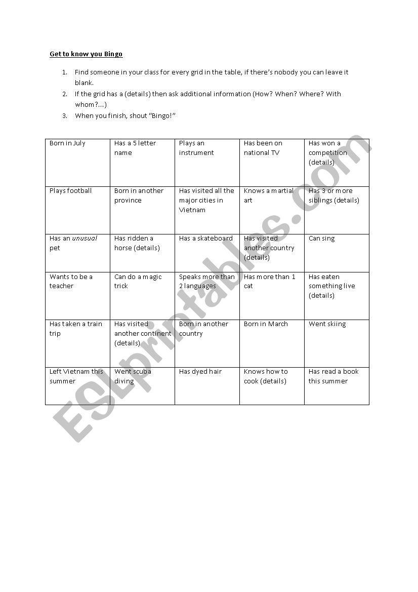 Get To Know You Bingo worksheet