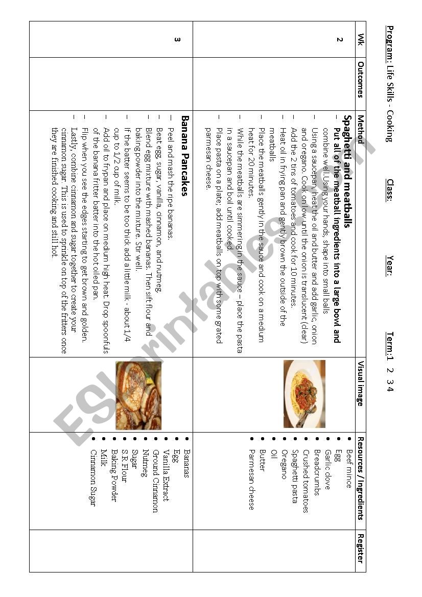 Life Skills - Cooking Program worksheet