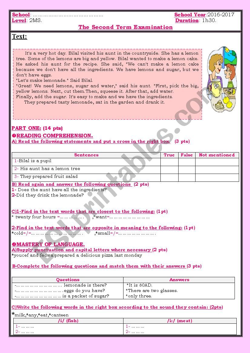 second term examination  worksheet