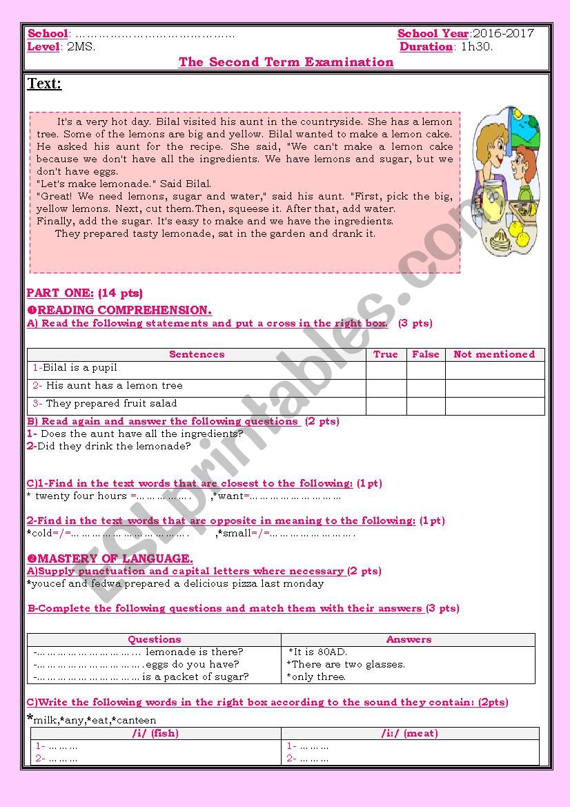 second term examination  worksheet