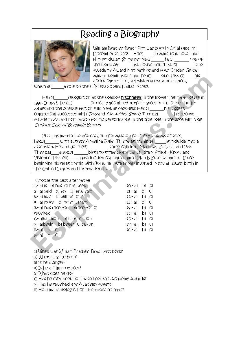 Brad Pitt Biography worksheet