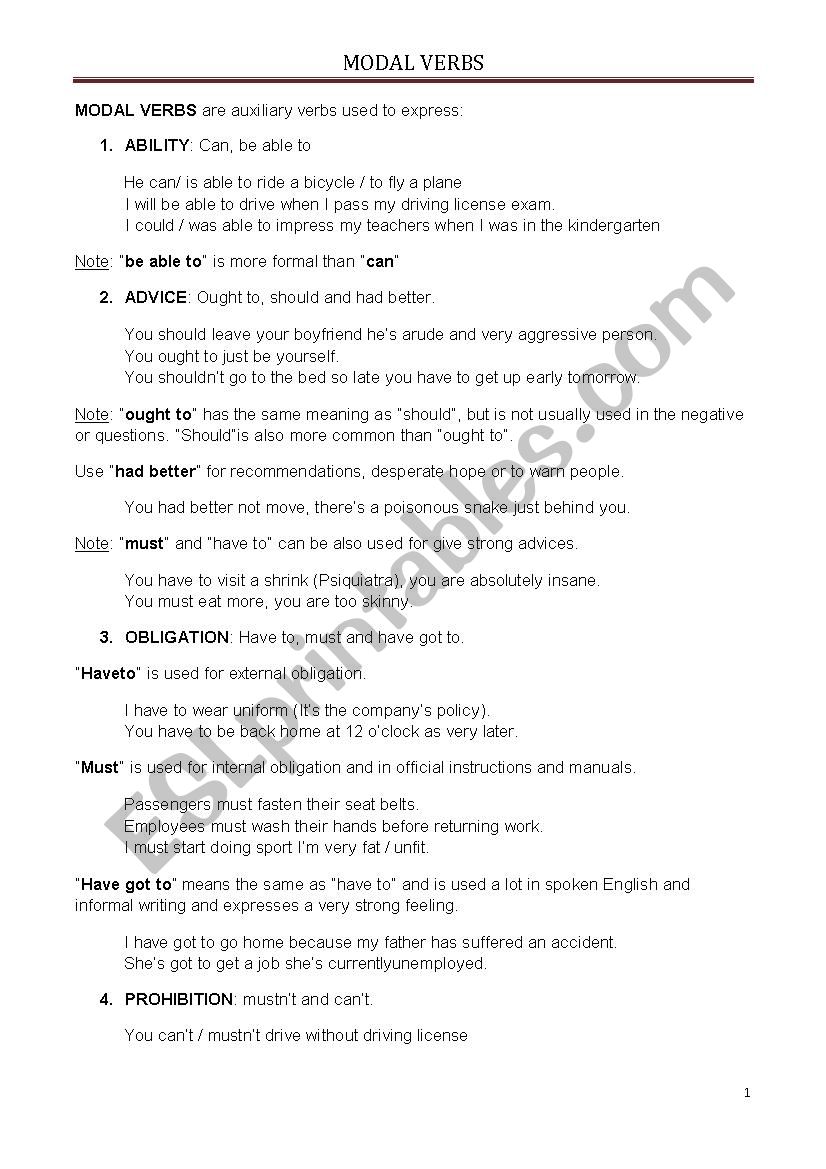 Modal Verbs worksheet