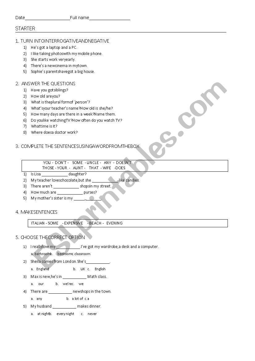 Test starter worksheet