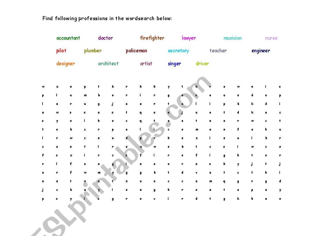 professions wordsearch (jobs) worksheet