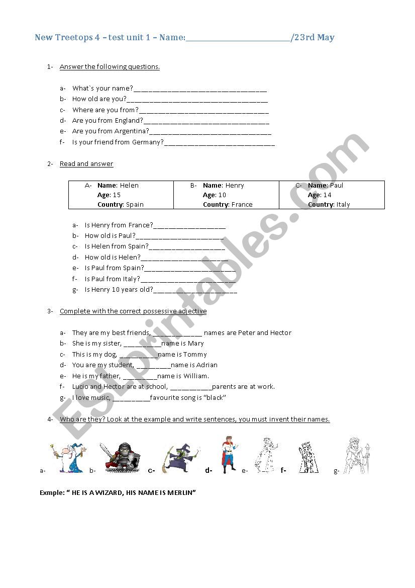 unit 1 new treetops 4 worksheet