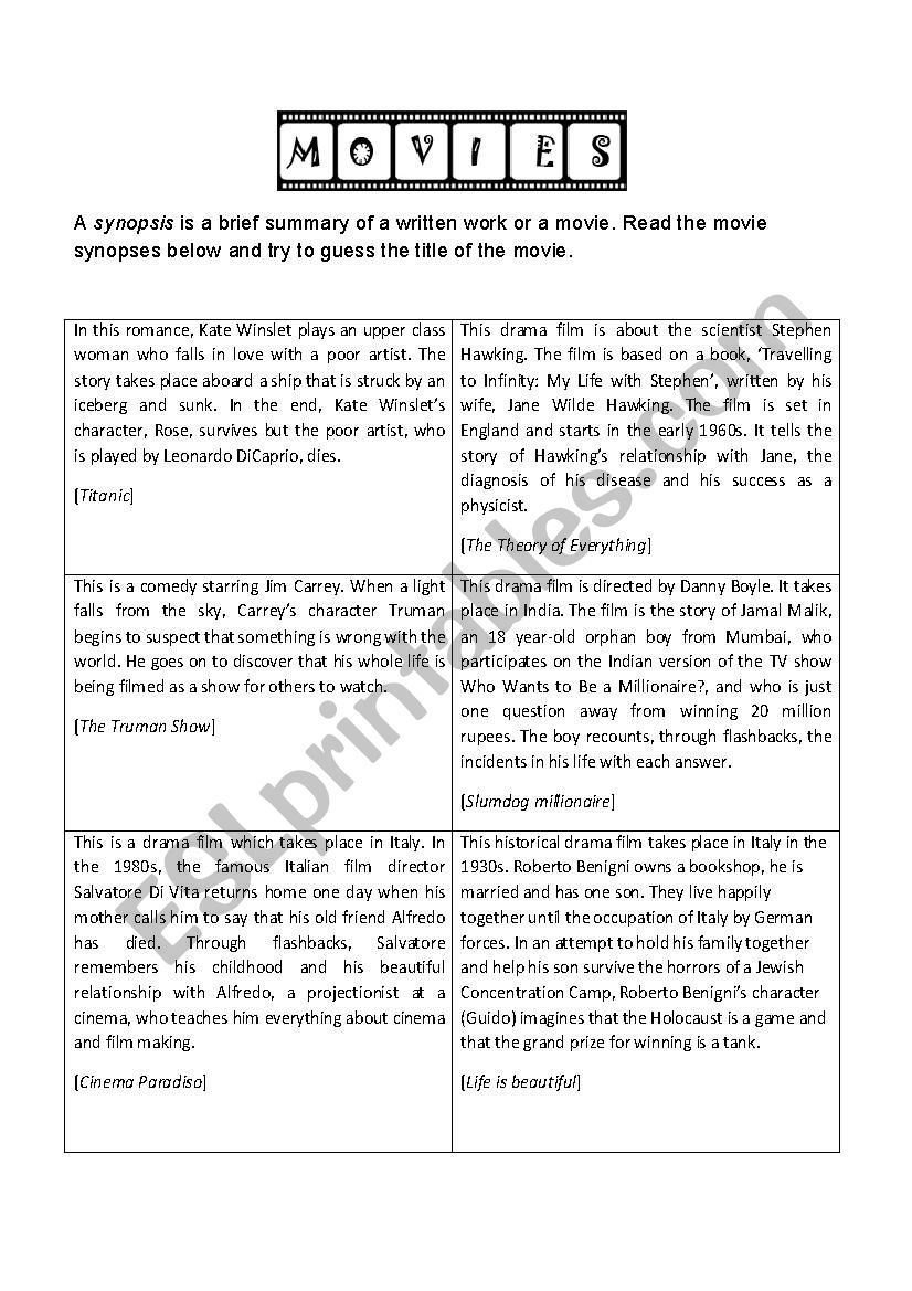 Movie synopses worksheet