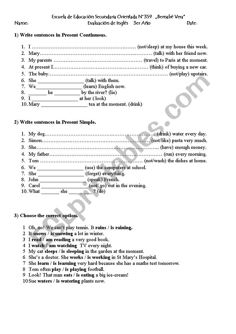 Present simple and continuous worksheet