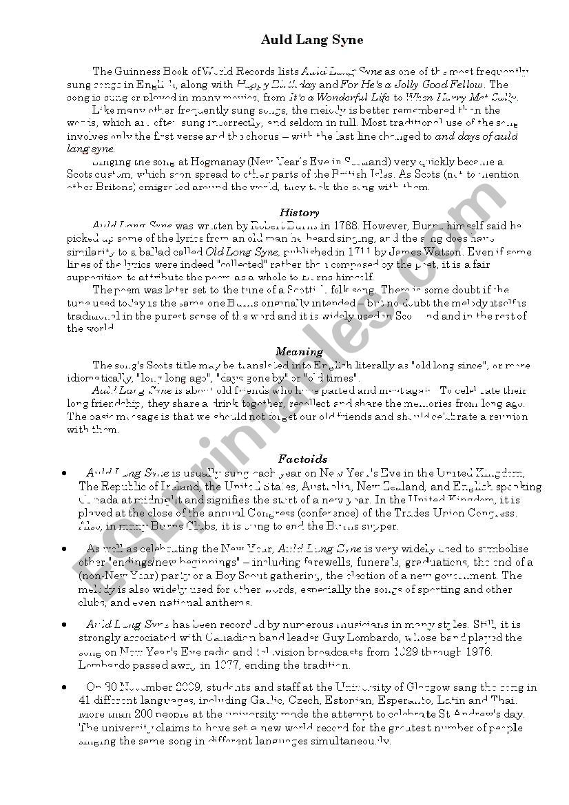 Auld Lang Syne worksheet