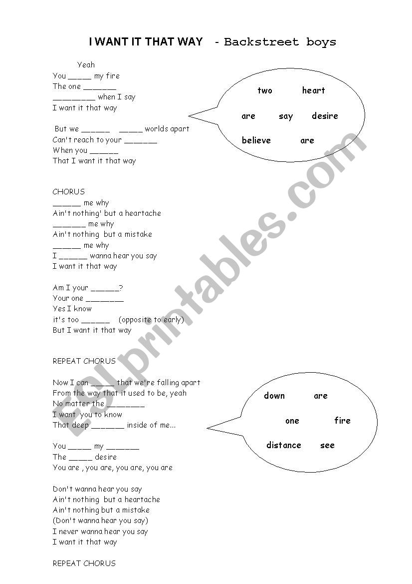 Song i want it that way esl worksheet by pattyrs09
