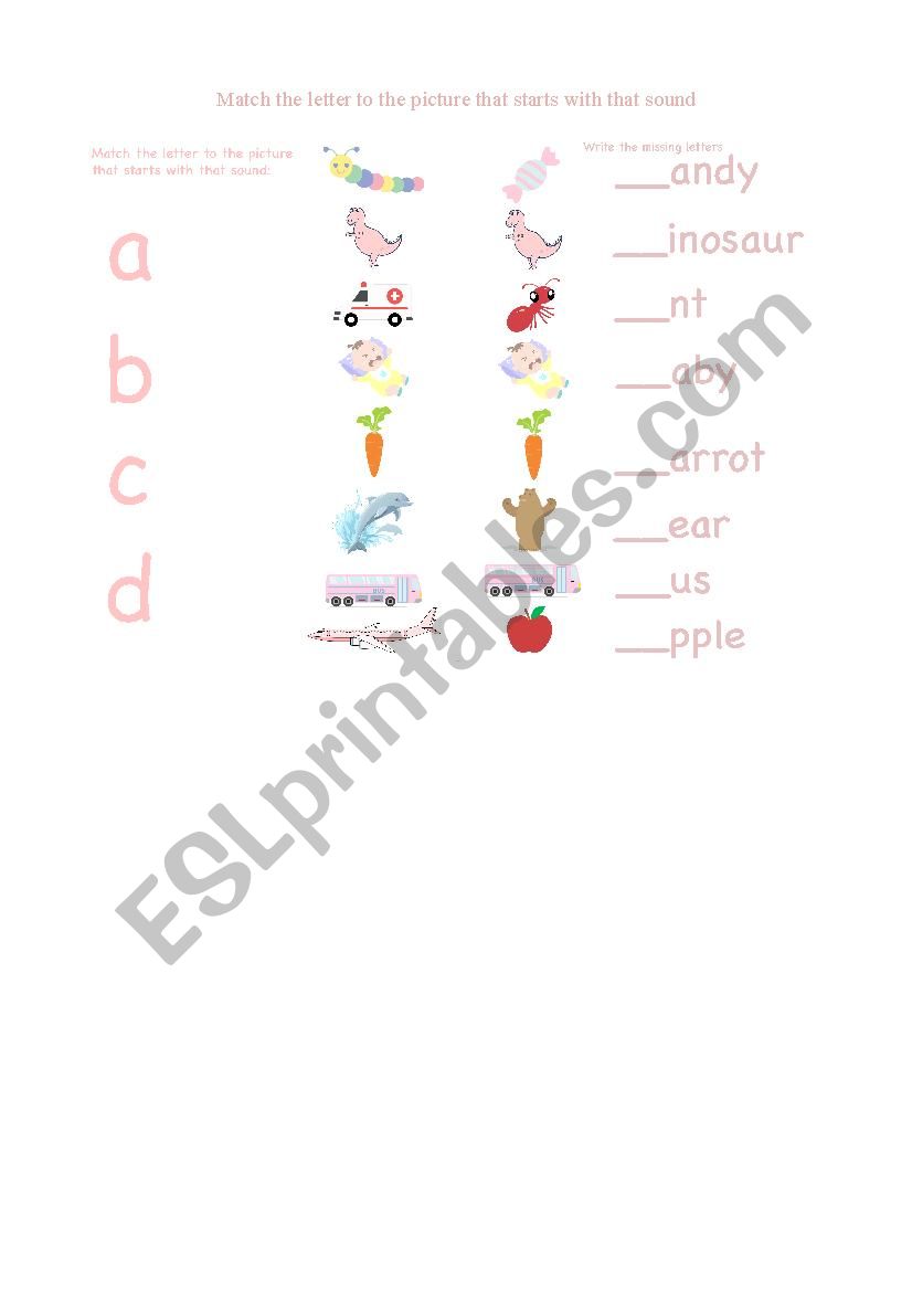 Matching the letter to the picture + writing missing letters