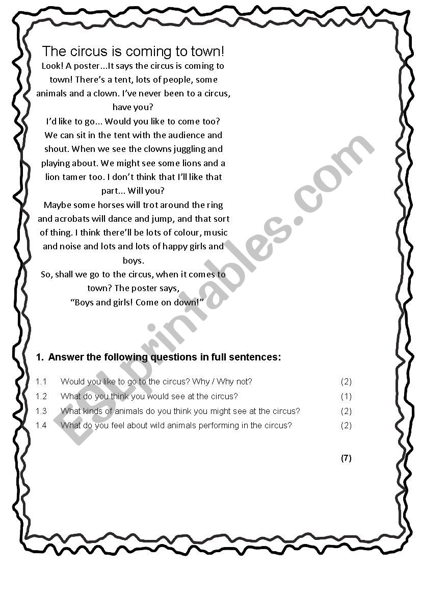 Circus is coming to town worksheet