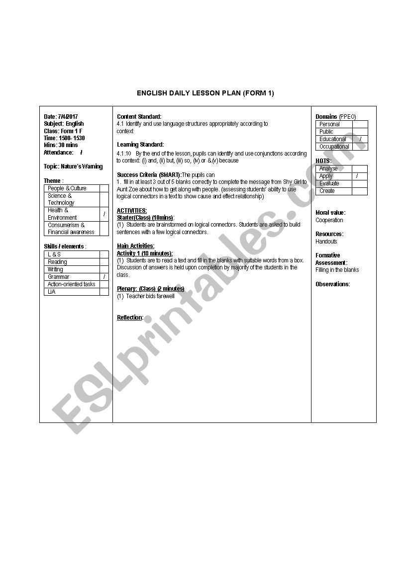 English Daily Lesson Plan worksheet