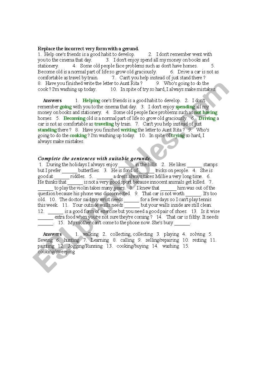 Gerund and indinitives worksheet