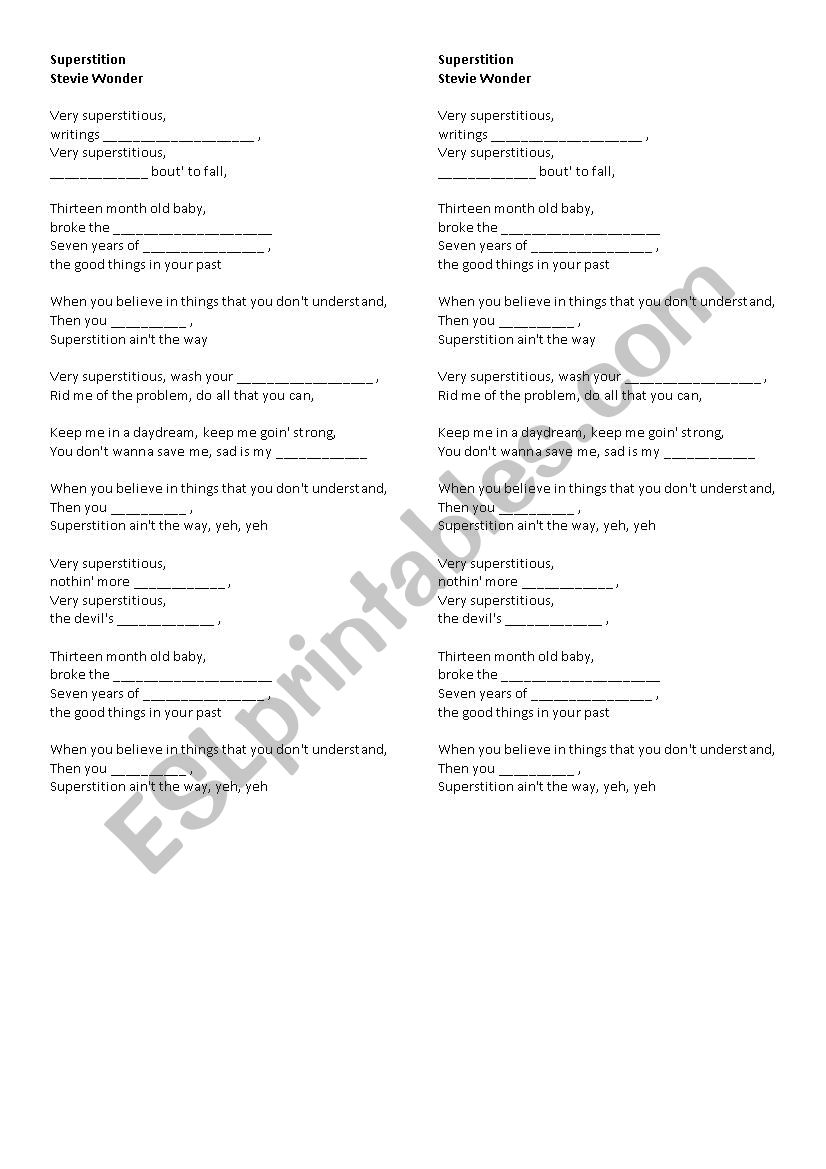 Steve Wonder worksheet