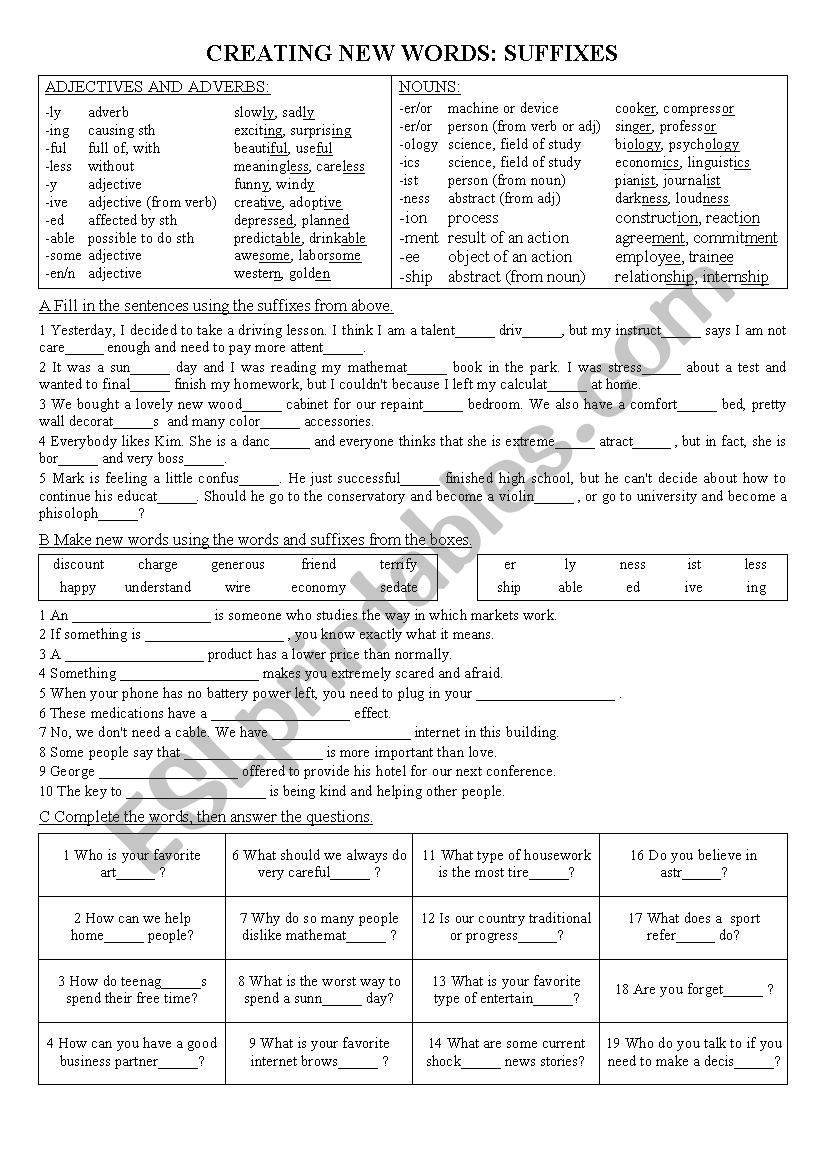 Word formation: suffixes worksheet