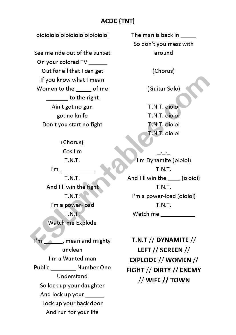 T.N.T (AC/DC) worksheet