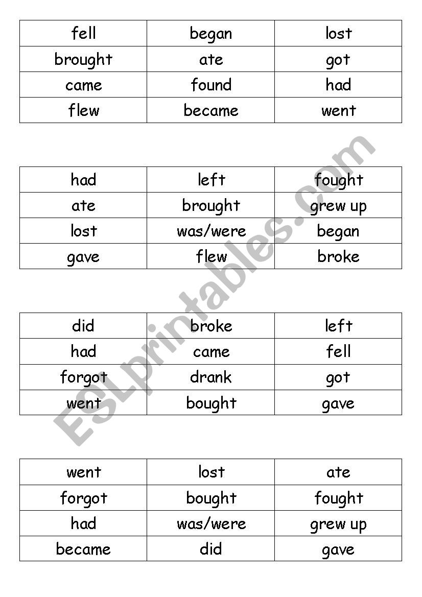 Irregular Verbs Bingo Cards worksheet