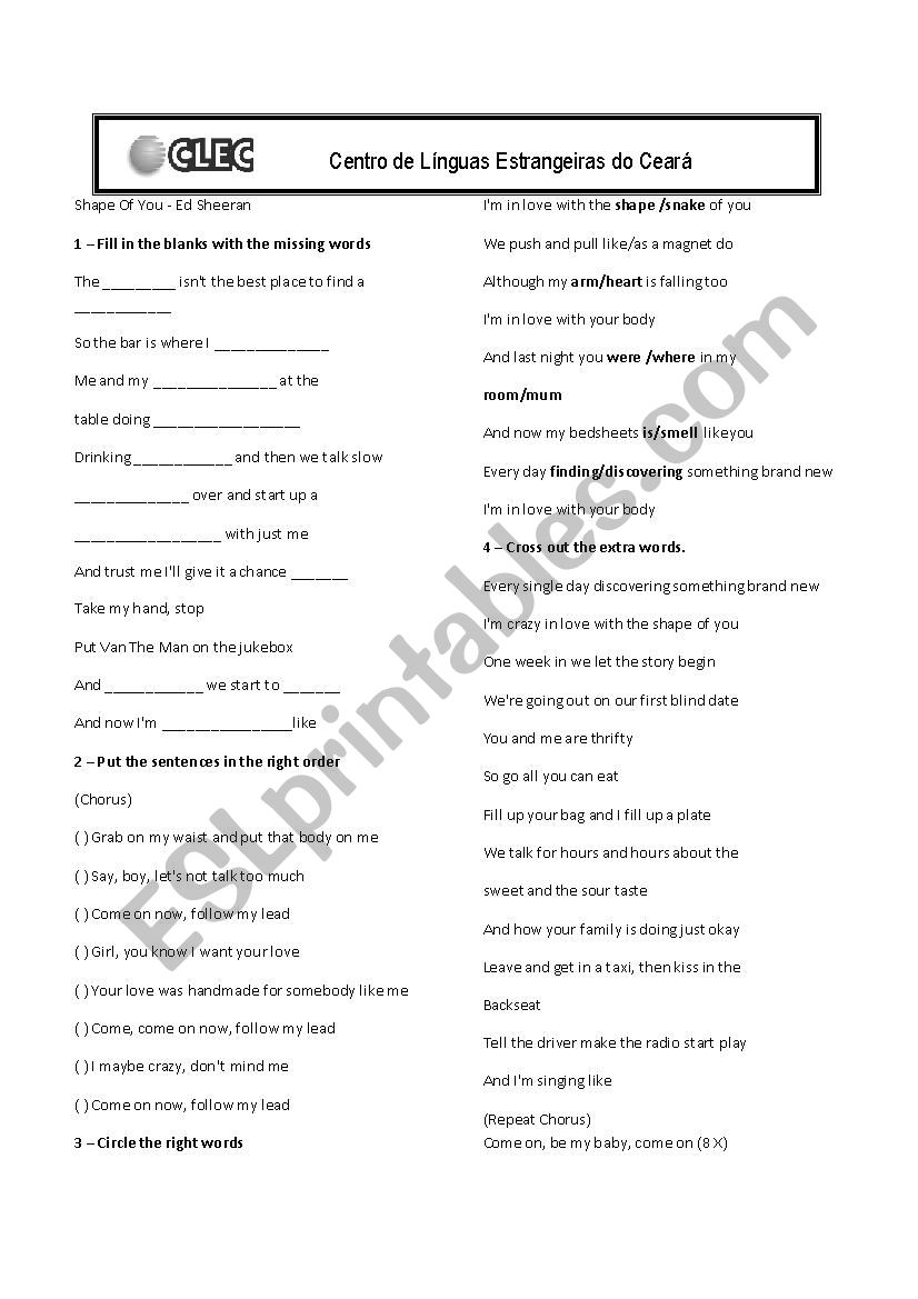 Shape of you worksheet