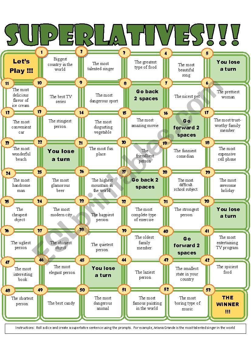 SUPERLATIVES BOARD GAME worksheet