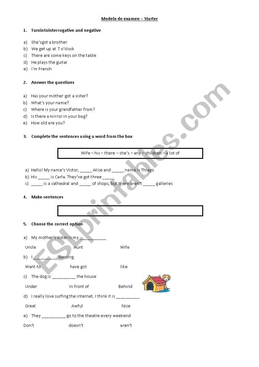 Test starter worksheet