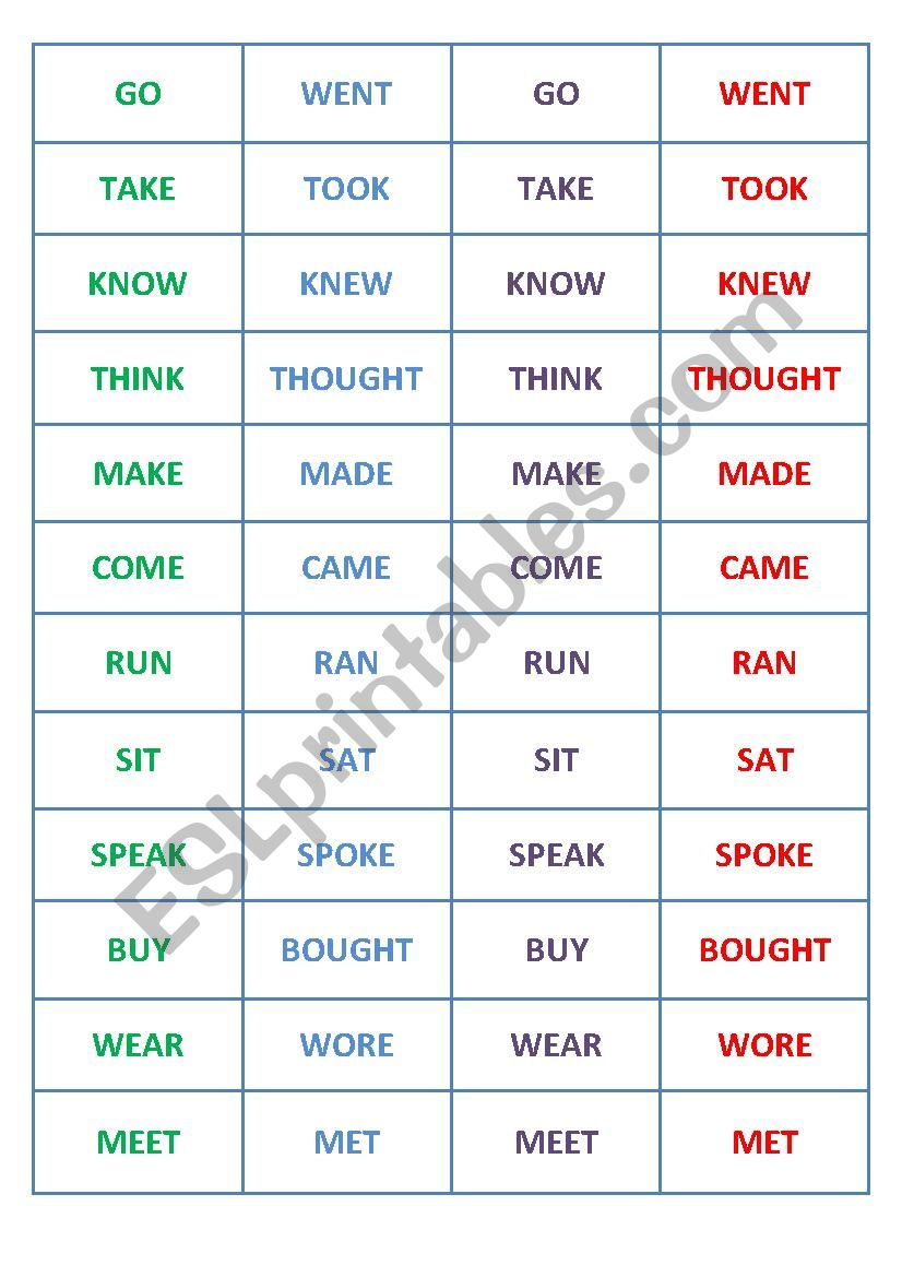 Matching cards past tense worksheet