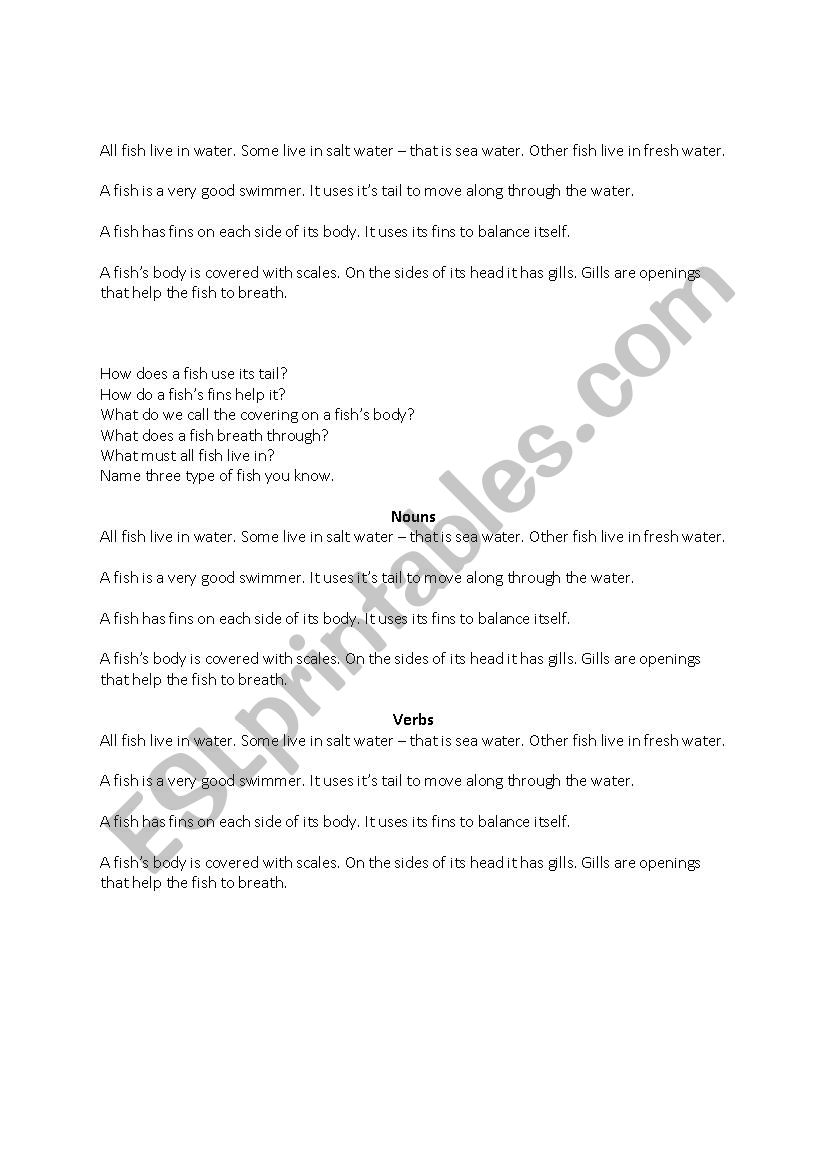 Verbs, Nouns and Adjectives worksheet