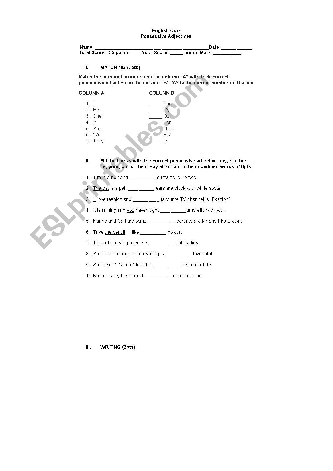 Possessive adjectives  worksheet