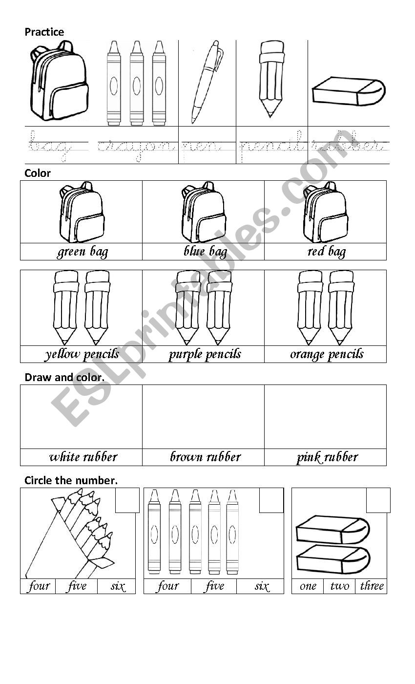 School material and numbers. Draw and color.