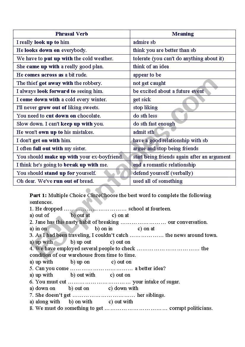 Three word phrasal verbs worksheet