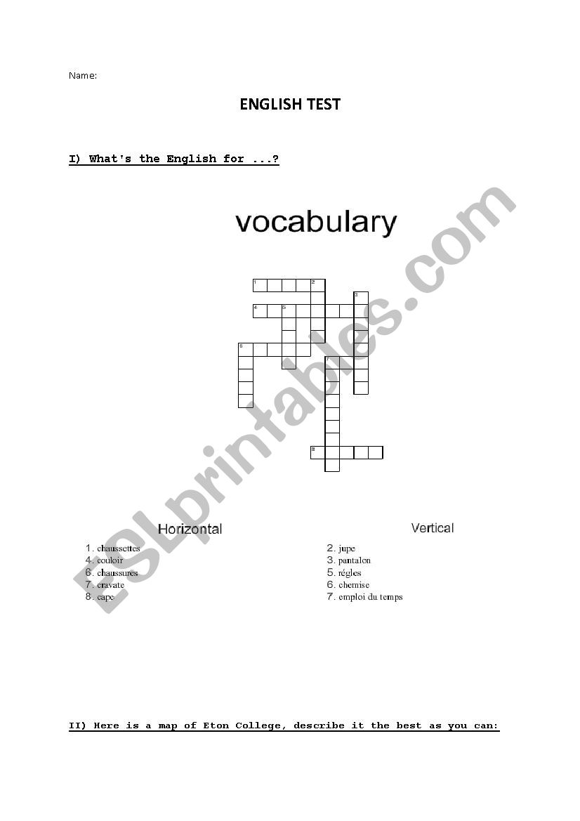 test about  school worksheet