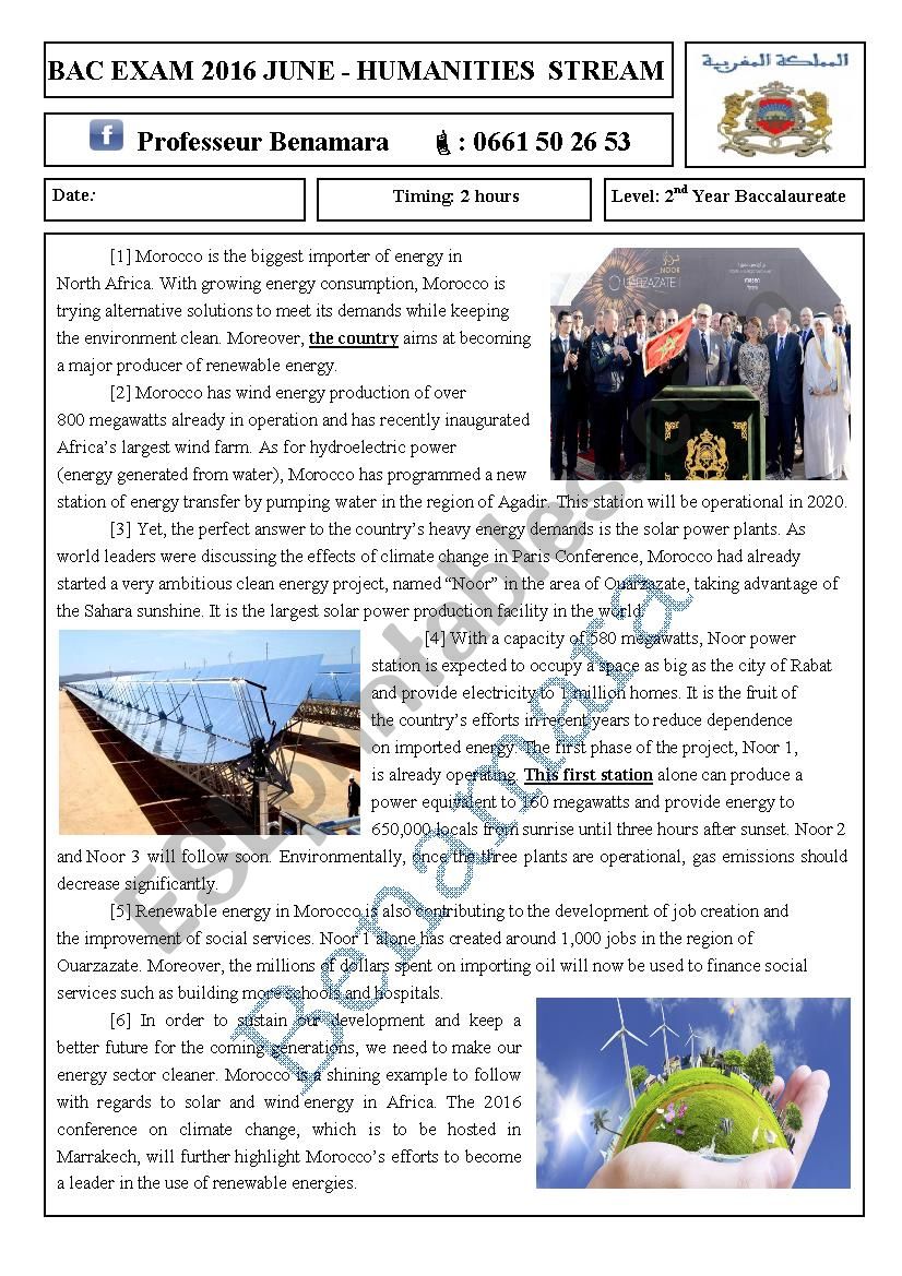 RENEWABLE ENERGIES IN MOROCCO BAC EXAM JUNE 2016 HUMANITIES STREAM