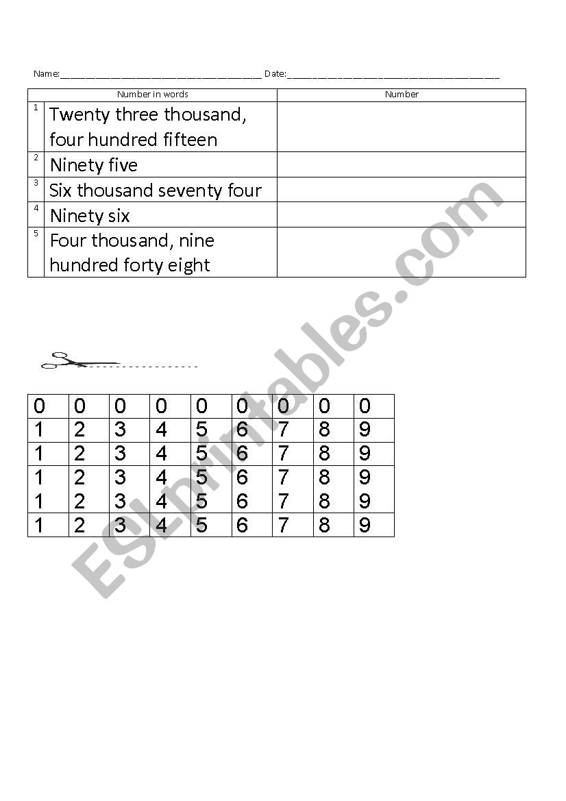 big numbers cut and paste worksheet