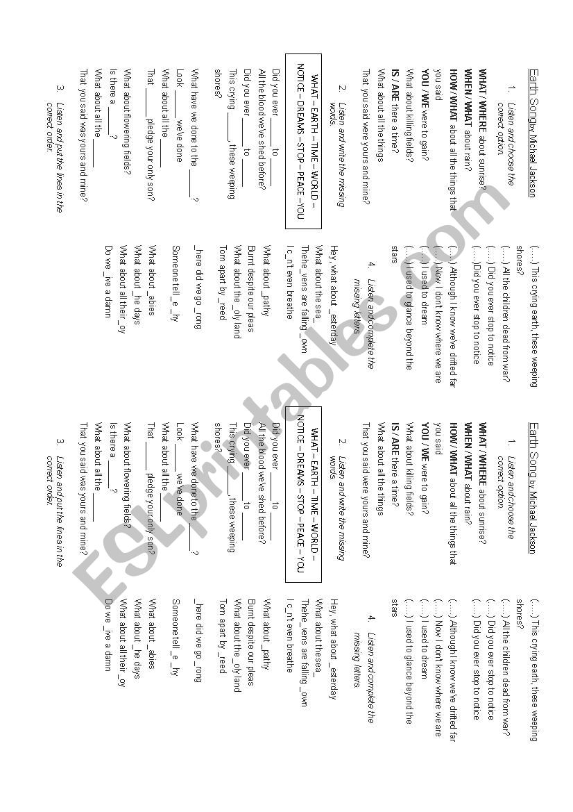 Earth Song by Michael Jackson worksheet
