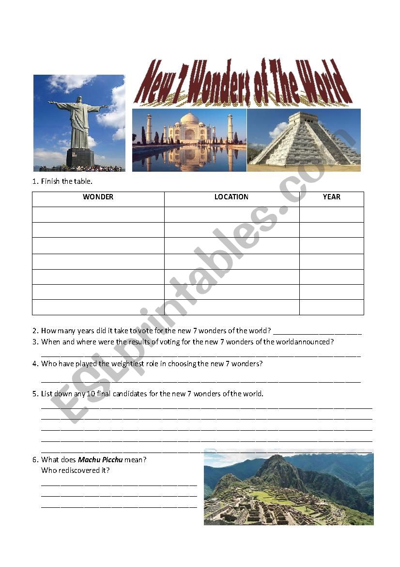 New 7 Wonders of the World worksheet