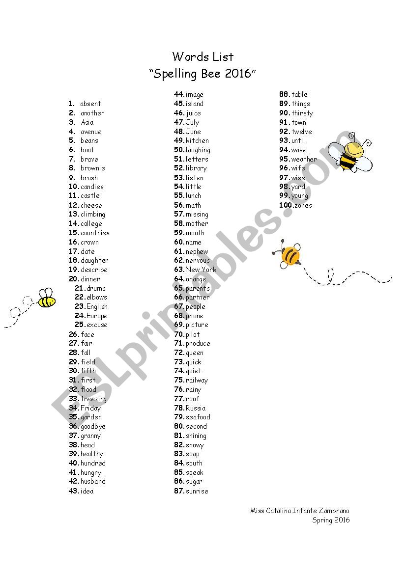 Word list Spelling Bee. worksheet