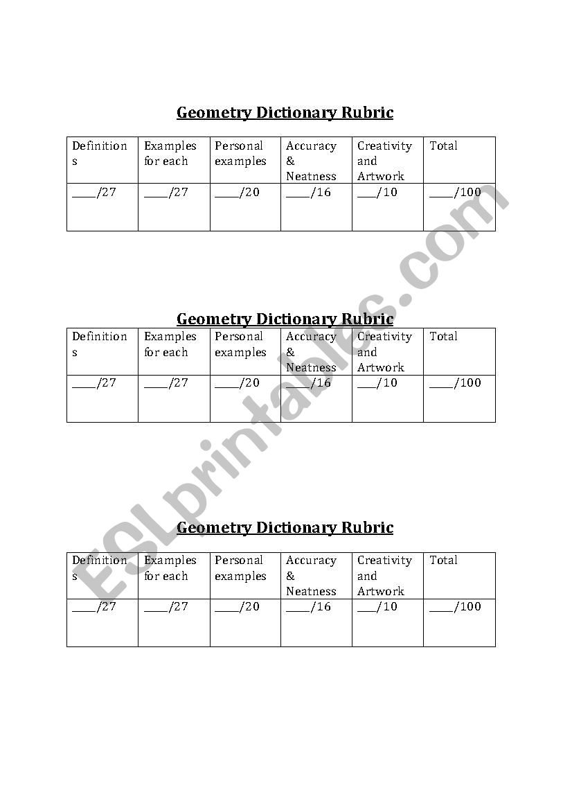 Geometry Rubric worksheet